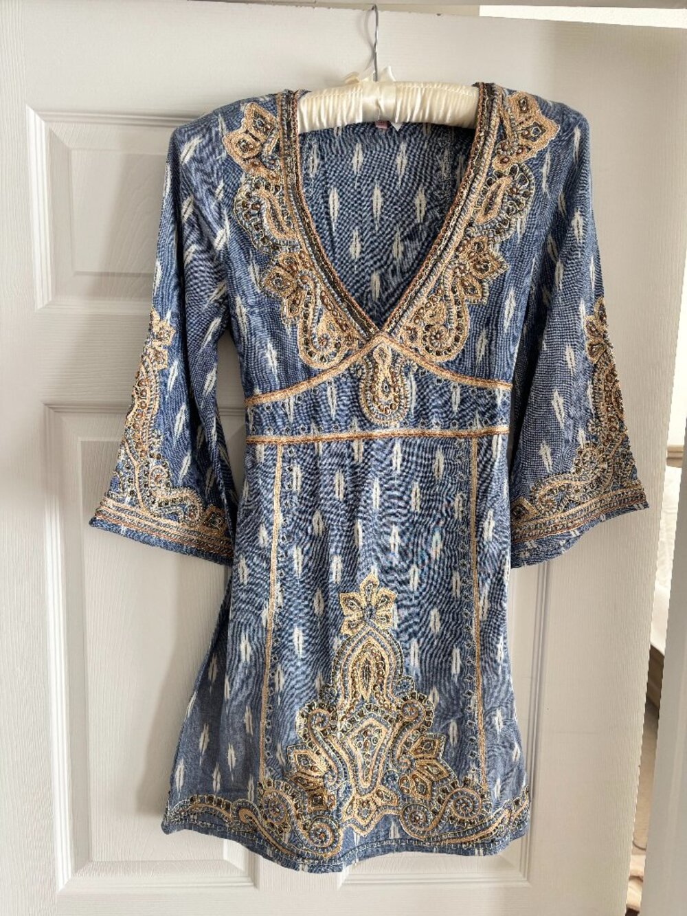 Calypso St Barth Embroidered Beaded Tunic Dress Chambray Blue Gold XS